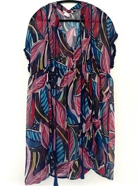 Bleu Rod Beattie Cover-Up Dress Blue Multicolor Print Chiffon Caftan Swim Size L
